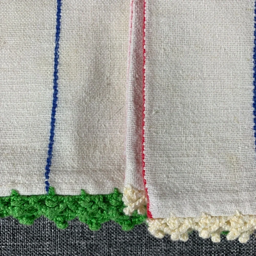 Vintage Kitchen Towels with Stripes Crochet Trim Set of 2 Green Beige Trim